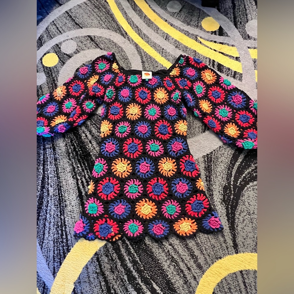 FARM Rio Colorful Crochet Flowers Sweater Mini Dress M - Picture 7 of 16